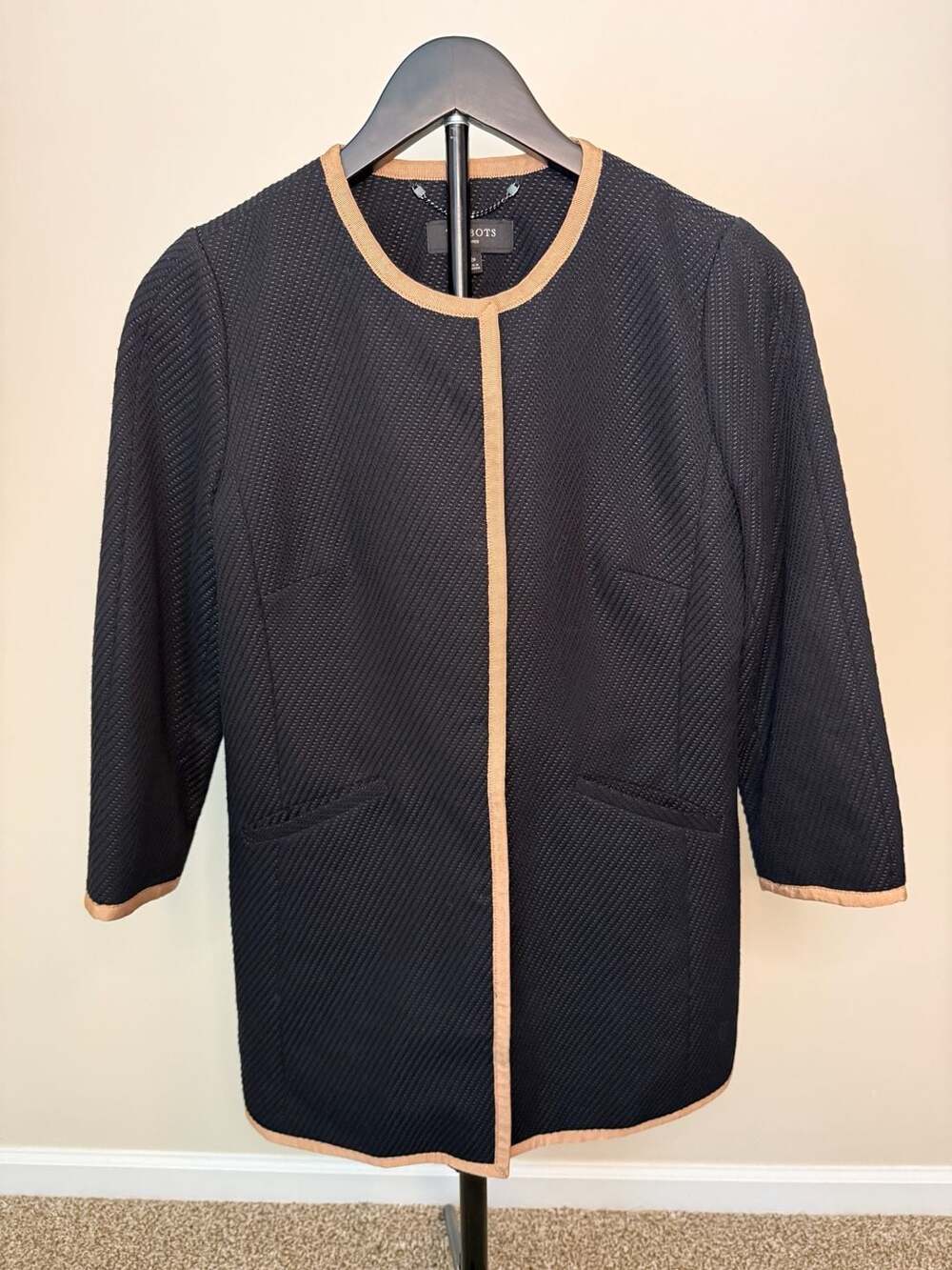 Talbots Black Textured Contrast Trim Hidden Button Blazer size - 2P